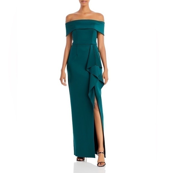 -AQUA WOMEN'S OFF THE SHOULDER CASCADE GOWN HUNTER GREEN SIZE 4 - Picture 1 of 10